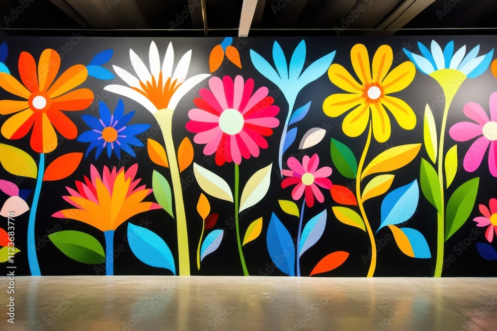 Vibrant mural showcasing large floral motifs in a Mexican cultural center illuminated by soft lighting Vibrant mural showcasing large floral motifs in a Mexican cultural center illuminated by soft lighting