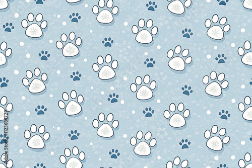 Seamless pattern of white and blue paw prints on a light blue background with snowflakes.