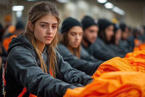 Volunteers engage in sorting clothes for homeless individuals in community effort photo