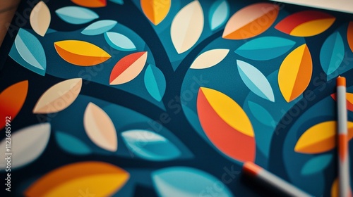   A close-up of a vibrant painting depicting an orange, yellow, and blue leafed tree photo