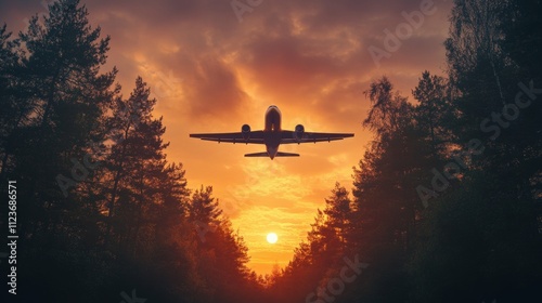 A plane flies over the forest sunset