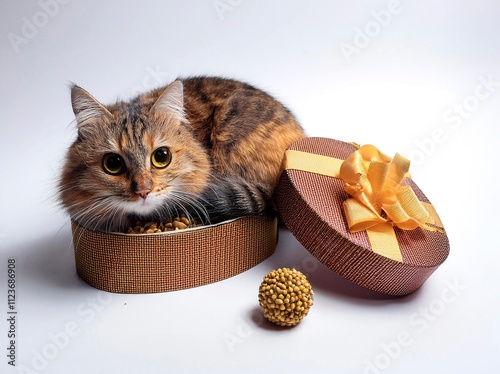 cat with box.Cat sitting in gift box with cat treats on white background