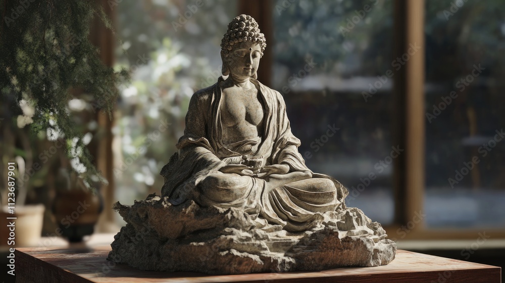 Obraz premium Buddha statue meditating peacefully in sunlight: zen concept