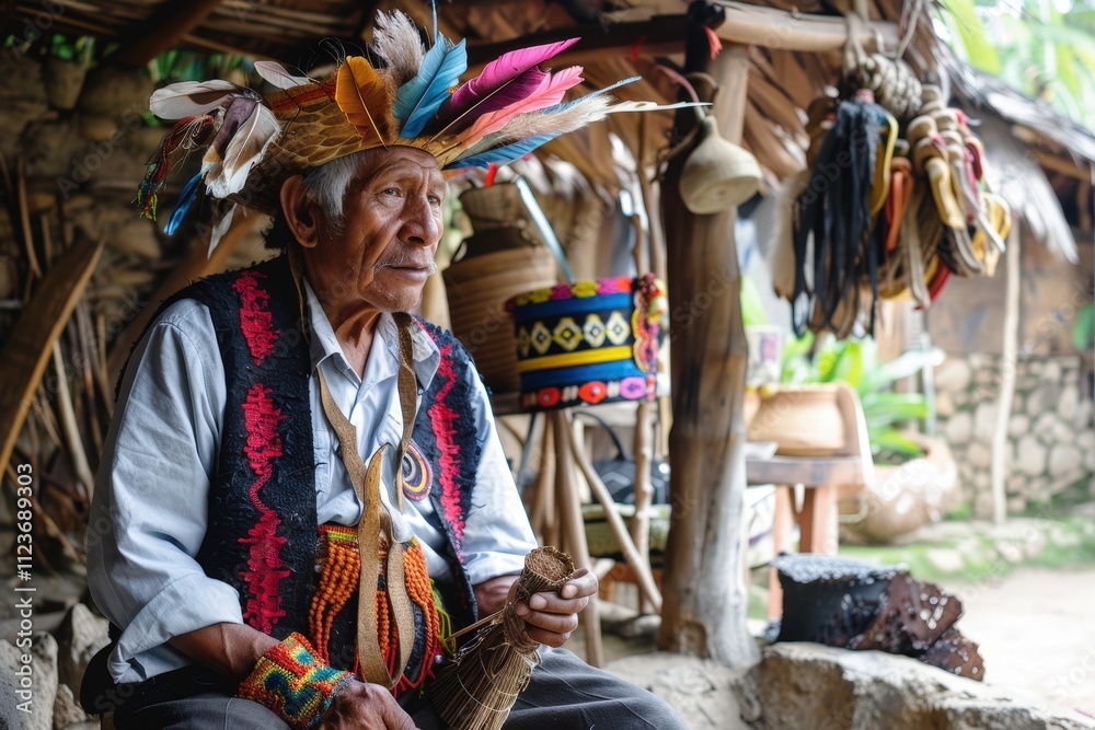 Obraz premium Elderly artisan creating traditional crafts in a vibrant village setting featuring handmade items and cultural artifacts