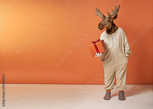 Creative animal concept. moose in funky Wacky wild mismatch colourful outfit on bright background advertisement, copy space. christmas party invite invitation banner photo