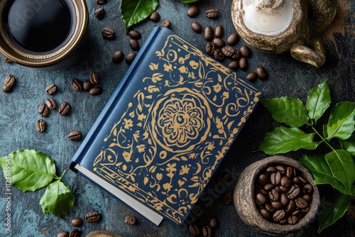 A planner cover with Mediterranean motifs and coffee beans photo