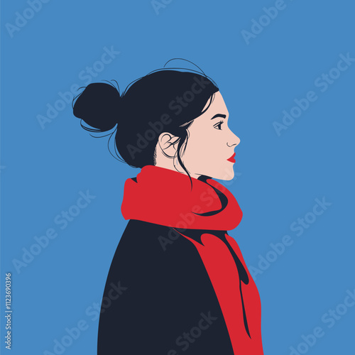 Side Profile of a Woman with a Red Scarf on a Blue Background