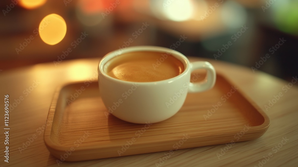 Obraz premium Close-up of a freshly brewed espresso shot in a white ceramic cup placed on a wooden tray blurred cozy cafe in warm tones soft ambient lighting