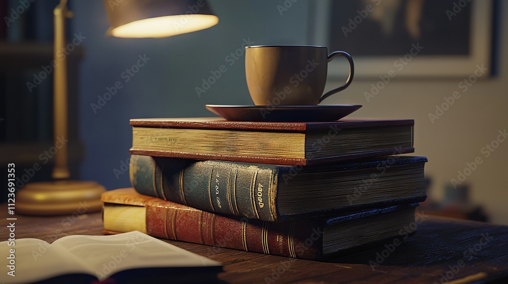 Naklejka premium A bookshelf with a coffee cup resting on top sits beside the table