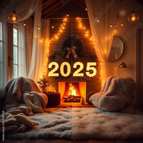 A cozy New Year's interior image with a distinct split, ethereal, and spiritual vibe.  photo