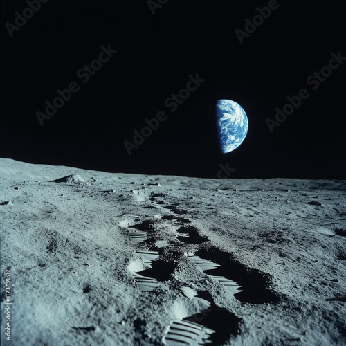 Astronaut footprints on the Moon’s gray, dusty surface, with Earth glowing in the distance against the infinite blackness of space, capturing the essence of exploration and human achievement photo