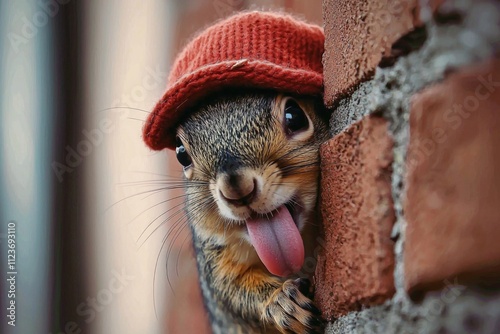 Squirrel wearing a hat peeking around a brick wall in a playful moment