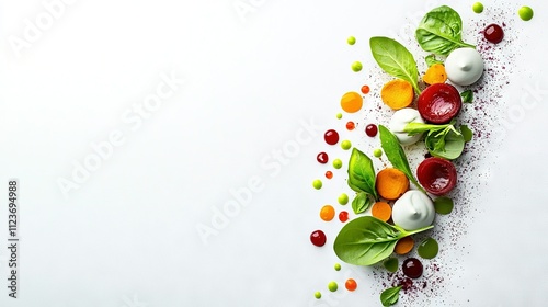   A white table crowned with heaps of vegetables atop a mound of dirt and speckled with sprinkles photo