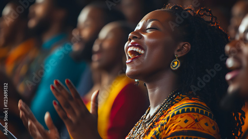 A spirited gospel choir performing with vibrant hand movements and joyful expressions during a revival service.