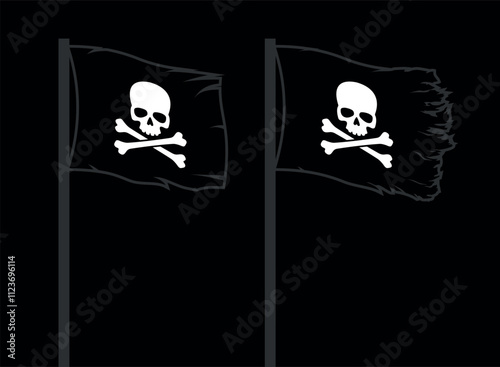 Pirate flag. Jolly Roger, a black pirate flag with Adam's head (human skull) and bones. Symbol of sea robbers and plunderers.
