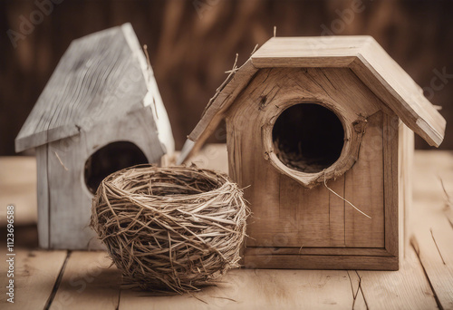 Set of handmade wooden bird nest boxes collection isolated on transparent background