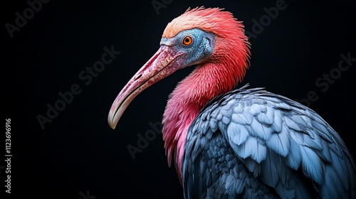 Close-up profile of a vibrant red and blue bird against a black background. photo