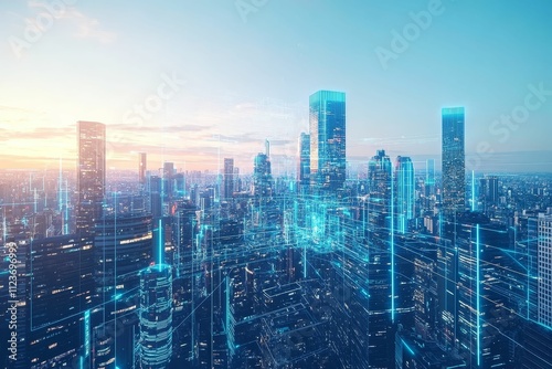 Wallpaper Mural Cityscape at sunset, glowing digital network overlay. Torontodigital.ca