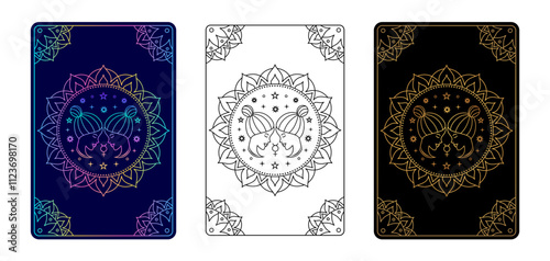 Tarot card with Gemini zodiac sign. Simple line art style.