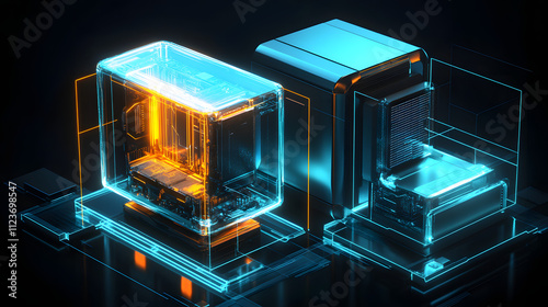 A futuristic 3D diagram of a quantum computer working alongside a traditional PC.