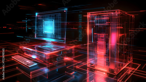 A futuristic 3D diagram of a quantum computer working alongside a traditional PC.