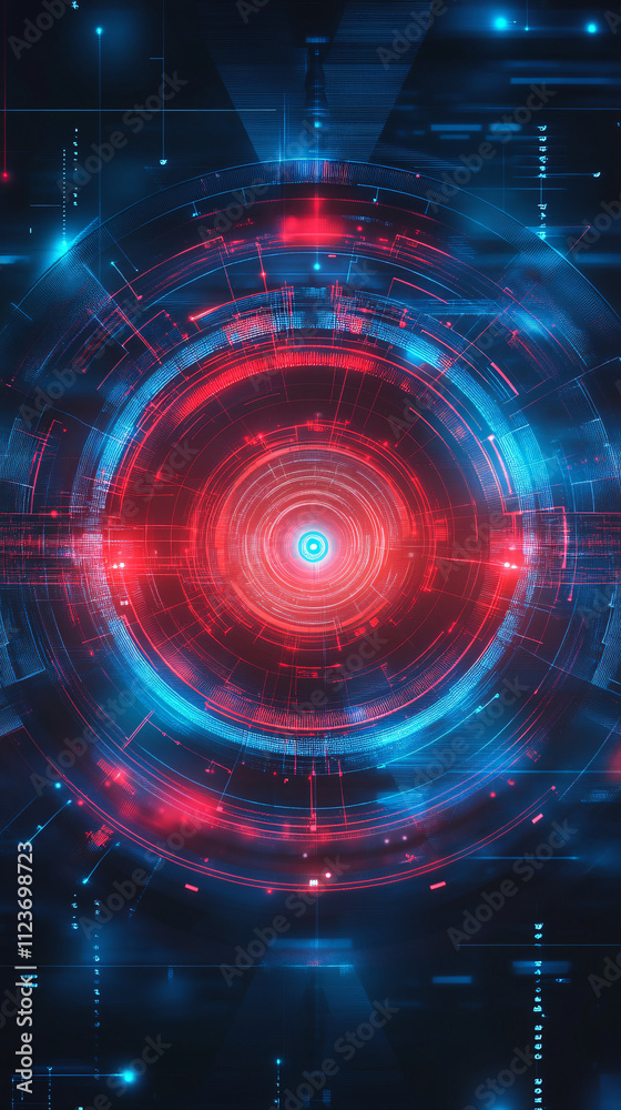 Obraz premium A futuristic digital red and blue circular interface glowing with intricate patterns and technological effects 