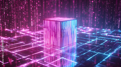 A futuristic 3D graphic of a CPU processing binary data streams in a glowing network.