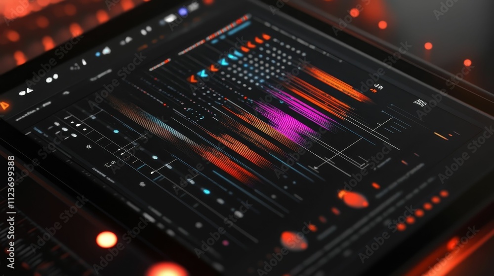 Fototapeta premium Digital audio workstation screen displays colorful waveforms.