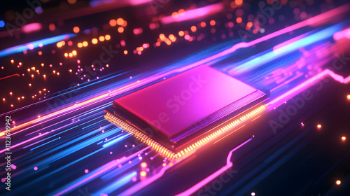 A glowing 3D model of an NVMe SSD transferring data at high speed through neon trails.