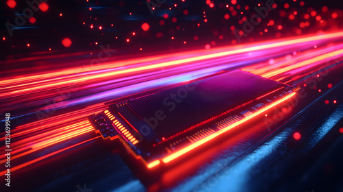 A glowing 3D model of an NVMe SSD transferring data at high speed through neon trails.