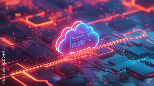 A glowing 3D schematic of data flow from a PC to a cloud server with encrypted pathways.