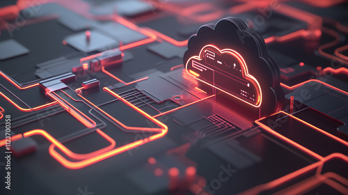 A glowing 3D schematic of data flow from a PC to a cloud server with encrypted pathways.