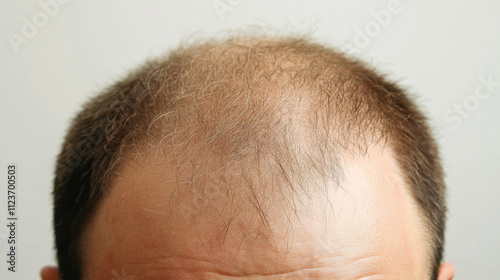 A close-up view of a man with noticeable hair loss, showcasing thinning hair on top of the head in a neutral setting photo