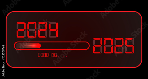 2024 loading to up 2025. Red led neon digital time style. 2025 Happy new year digital clock. Progress bar almost reaching new year eve. Vector illustration, red display isolated or black background