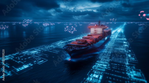 A futuristic maritime setting with a high-tech cargo ship monitored by autonomous drones and glowing holographic projections of global shipping lanes photo