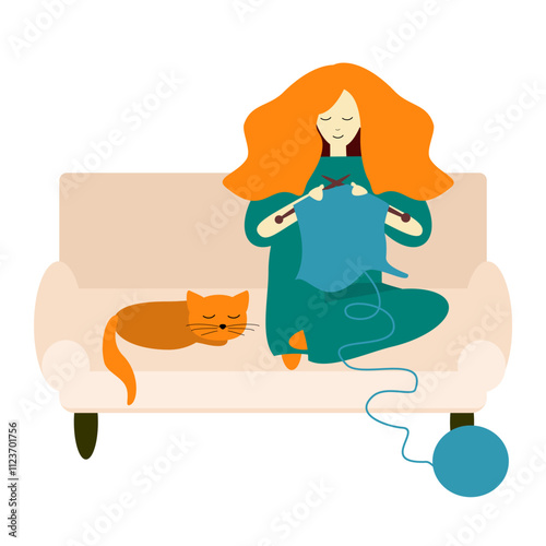 A girl or young woman is knitting sitting on the sofa and nice cat	