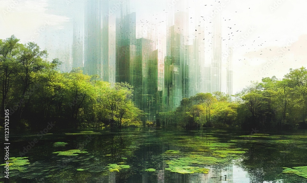 Obraz premium Green trees, city reflection, calm water, birds flying.