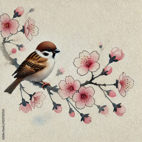 A Japanese watercolor-style illustration of a sparrow perched on a blooming sakura branch. Delicate pink flowers and soft brushstrokes evoke natural elegance and charm. photo