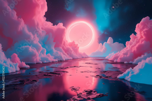 A neon reflection of the moon in a surreal seascape with clouds of cotton candy against a turquoise sky  photo