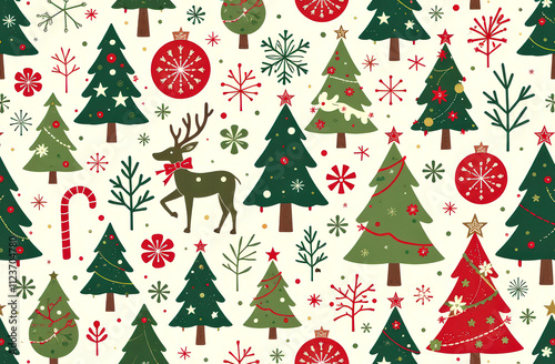 Festive christmas pattern with trees, reindeer, ornaments, and candy canes