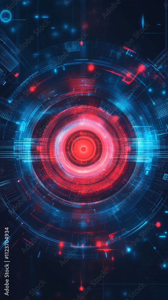 Obraz premium futuristic digital artwork with a glowing red and blue circular core surrounded by intricate tech-inspired patterns and lights 