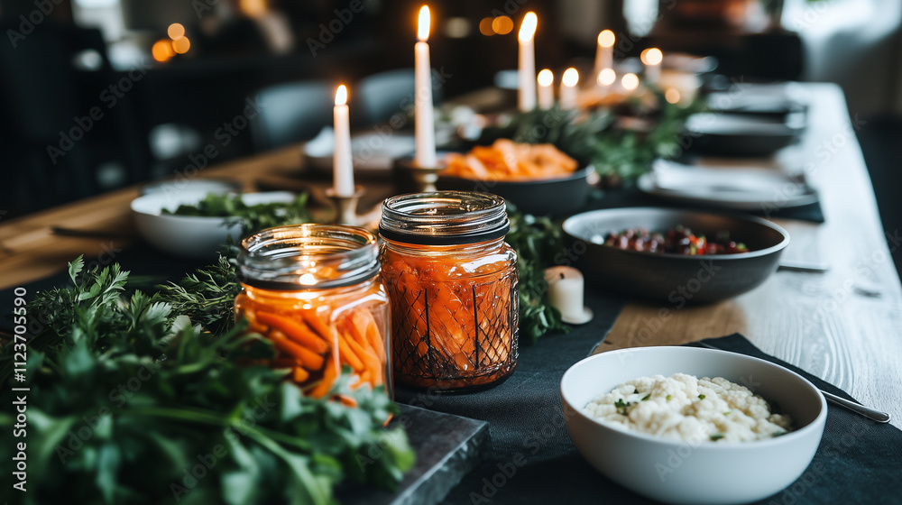A festive table setup with jars of fermented vegetables like carrots and cauliflower, arranged among candles, fresh herbs, and bowls of dipping sauces