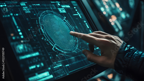 A hacker using a biometric scanner to gain unauthorized access to a digital vault.