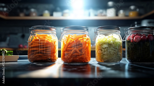 A glowing collection of jars with layers of fermented carrots, radishes, and cabbage, illuminated by a soft spotlight in a cozy kitchen setting photo