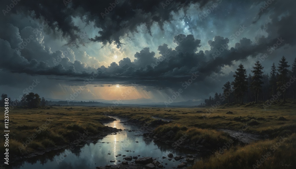 Fototapeta premium Majestic twilight envelops rolling hills under dramatic skies