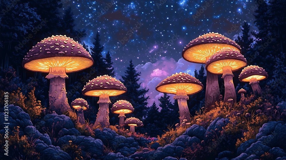 Fototapeta premium Starry sky glowing mushrooms magical artistic stunning illustration design