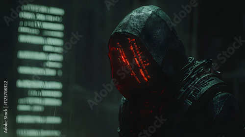 A hooded hacker accessing a dark web forum with a futuristic interface glowing ominously. photo