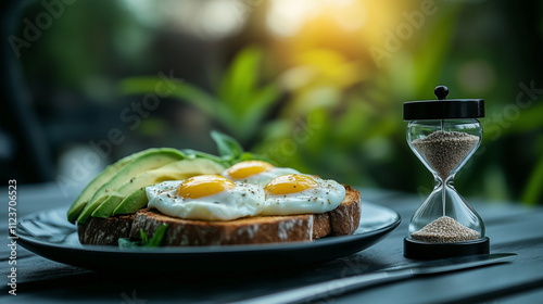 A serene breakfast scene with a plate of whole grain toast, avocado, and poached eggs, with an hourglass beside it, emphasizing mindful meal timing photo