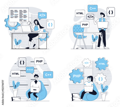 Programmer working concept set in flat design for web. Collection with people coding at screens, programming at different computer languages, creating applications and sites. Vector illustrations.