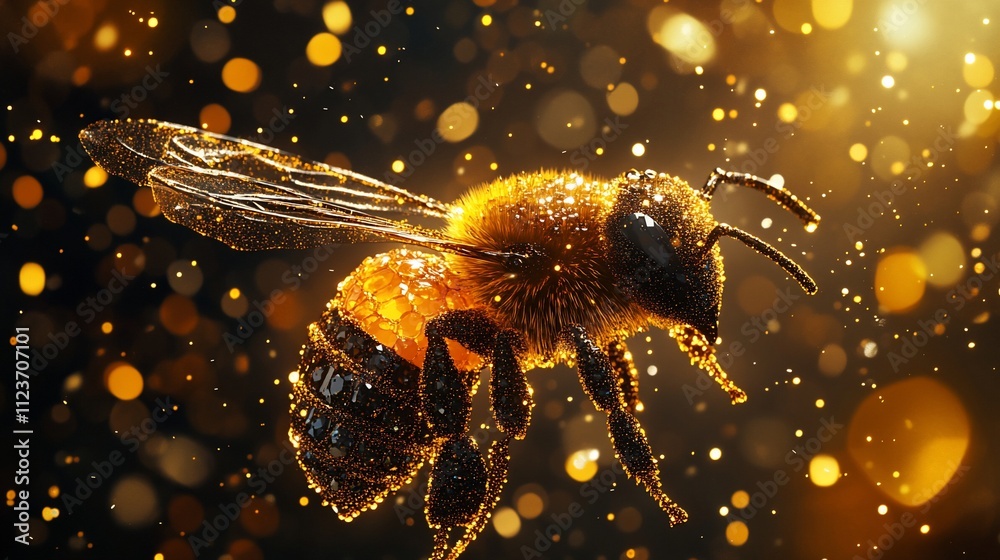Naklejka premium Golden bee in flight, pollen, sparkles.